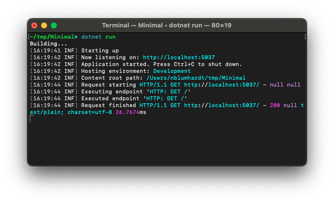 Terminal with all ASP.NET Core log output through Serilog